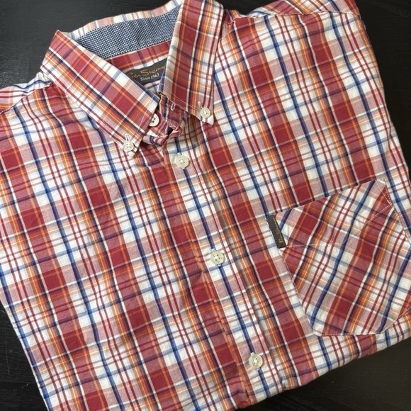 Ben Sherman Other - Ben Sherman Mens M Red Orange Blue Plaid Short‎ Sleeve Button-Up Shirt